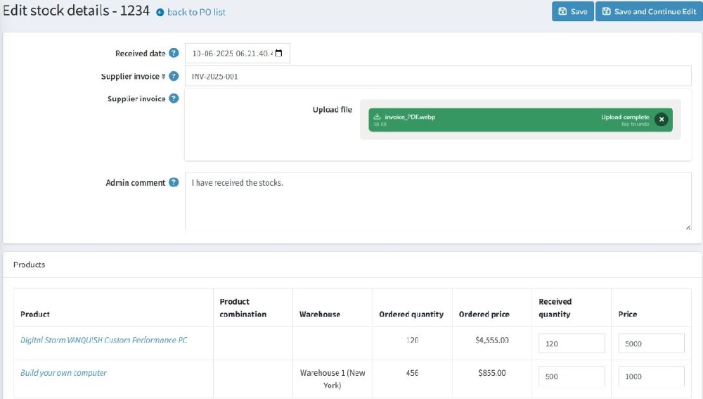 Receive stock interface in PO Inventory Management